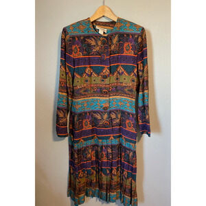 Vintage Leslie Lucks Womens Dress Size 4 Mixed Media Rayon Pleated Artsy Boho